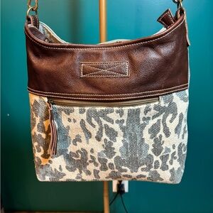 Myra Bag Brown Cream and Gray Shoulder Bag with Leather and Patterned Fabric